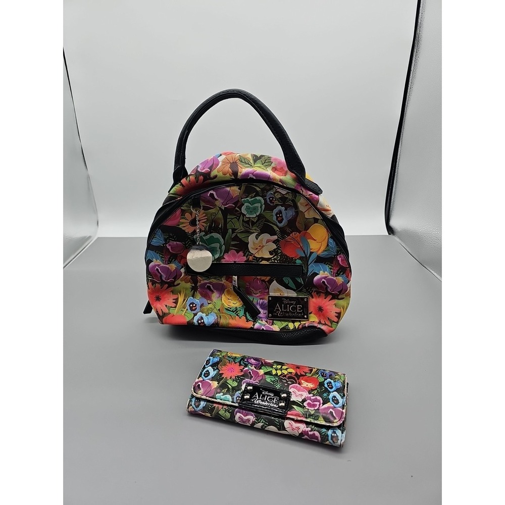 Disney Alice In Wonderland Mini Backpack‎ & Wallet Wild Flowers Black Whimsical